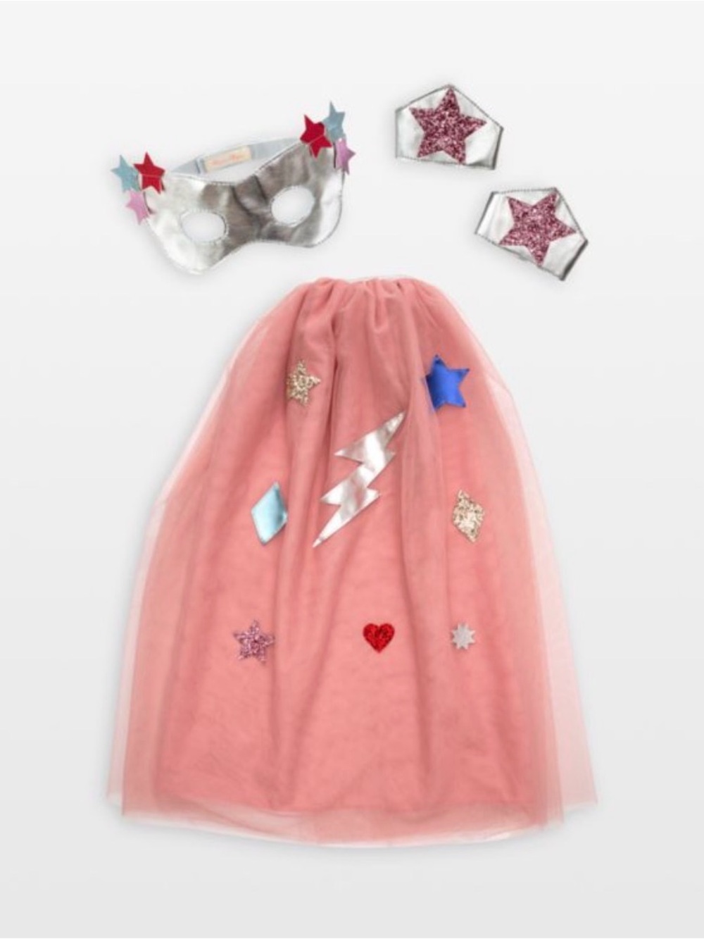 Meri Meri - Kids Pink Superhero Dress Up Cape, Silver Mask & Wrist Cuffs
